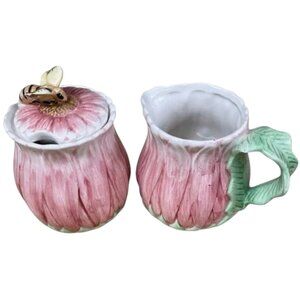 Vtg 1994 BOMBAY Floral Ceramic Creamer and Sugar Set - Daisy and bee EUC